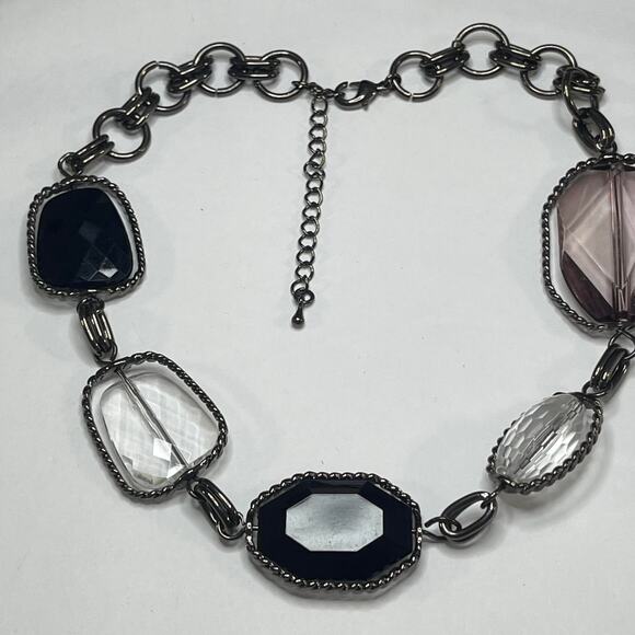 chunky chain link necklace black gray clear faux jewels in silver tone setting - Picture 6 of 10